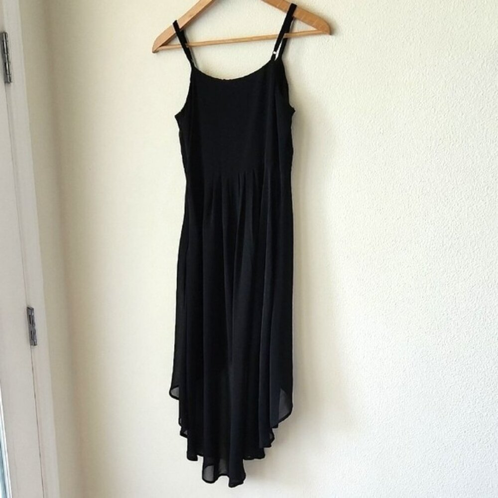Black Slip Dress Camisole Straps High Low Hem silver tone buttons Pleated Waist - Picture 7 of 16